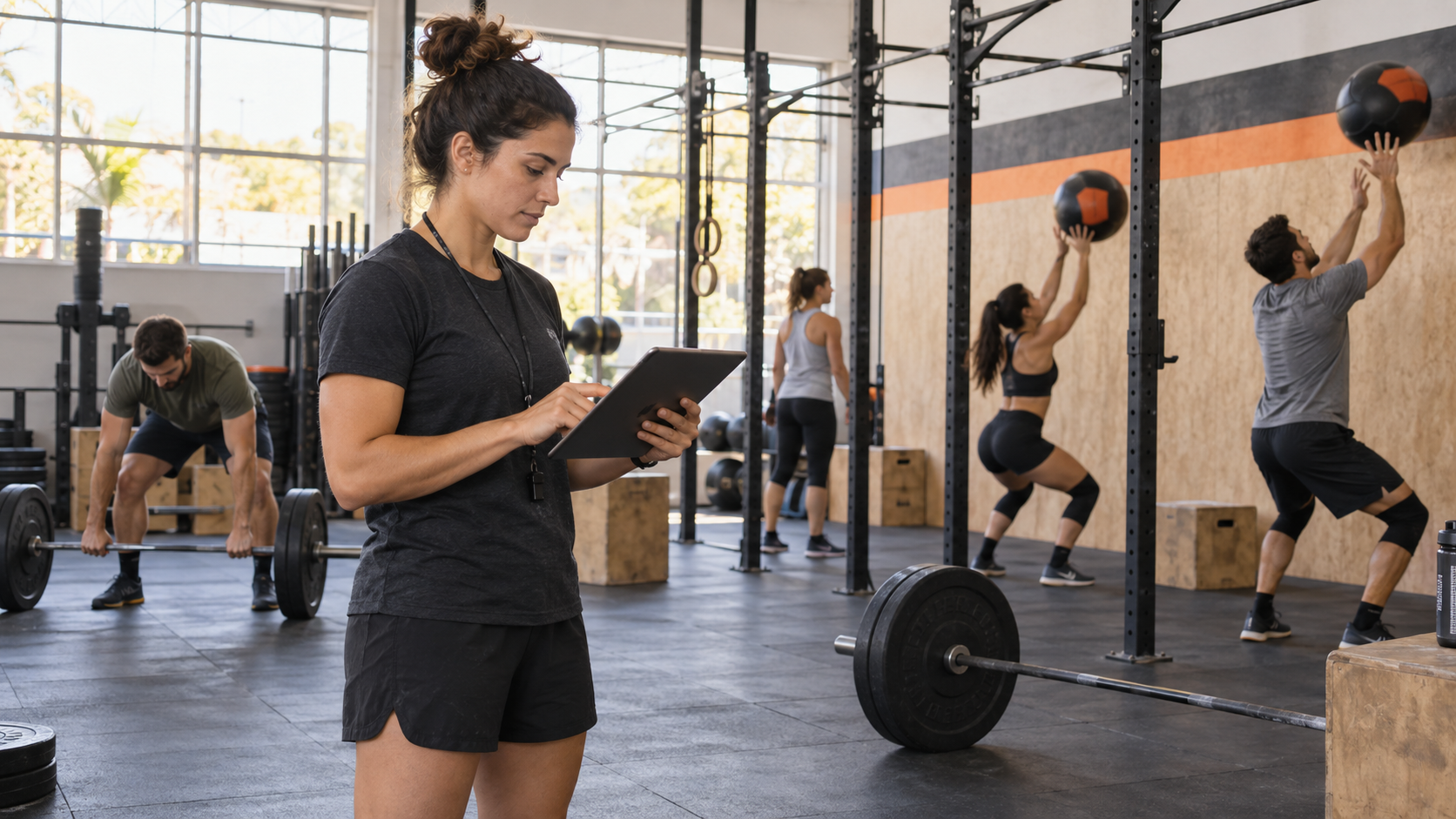 Coach revisando una tablet mientras un grupo de atletas entrena con wall balls y barras en un box.