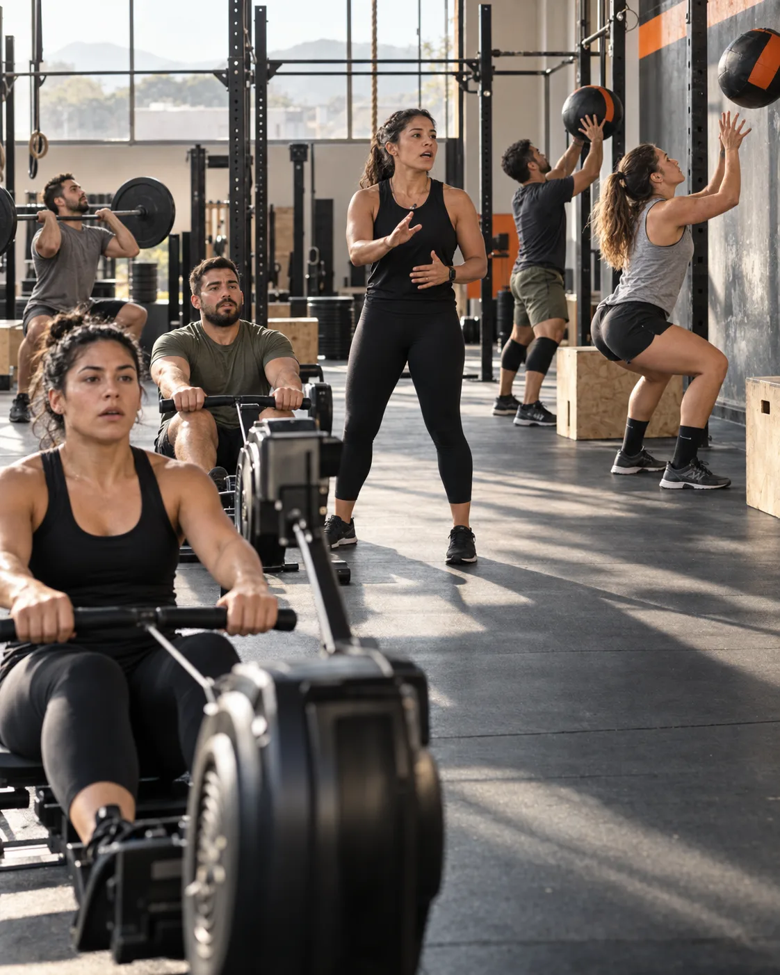 Coach y atletas durante una clase de entrenamiento funcional en un box.