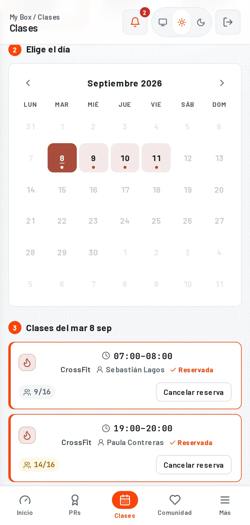 MyBox en el celular del atleta: las clases del día con su cupo, la reserva confirmada y el botón para cancelarla.