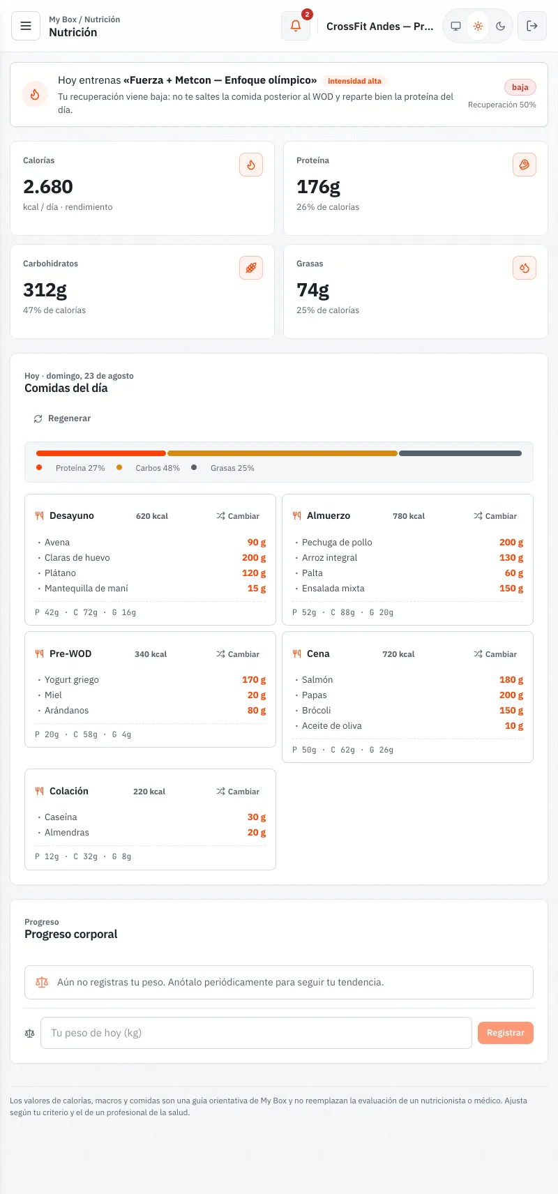 MyBox en el celular del atleta: nutrición con macros y comidas del día.